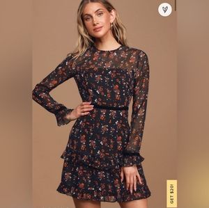 Lulu's Floral to See Black Floral Print Long Sleeve Mini Dress